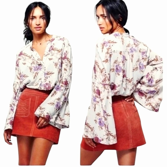 Free People Easy Girl Bell Sleeve Floral Top NEW Western Floral Tunic Oversized - Picture 5 of 17